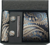 Conjunto Gravata de Seda Paisley Azul